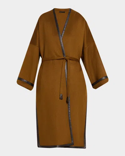 Brioni Leather-trim Cashmere Oversized Wrap Coat In Orange
