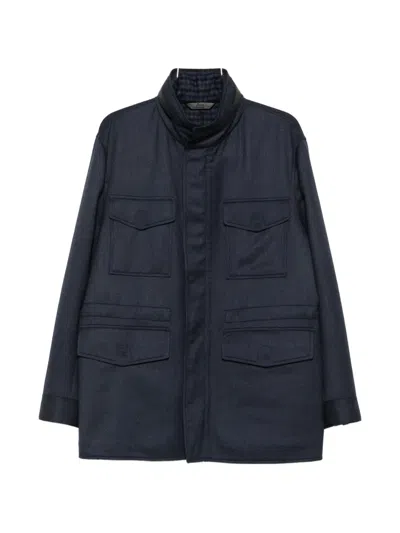 Brioni Leather-trimmed Chest-pockets Coat In Blue