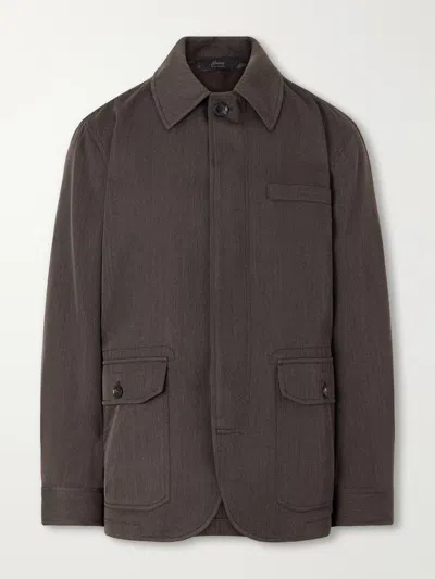 Brioni Leather-trimmed Wool-twill Jacket In Brown