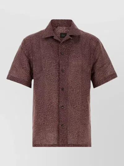 Brioni Linen Camp Collar Shirt Short Sleeves In Burgundy