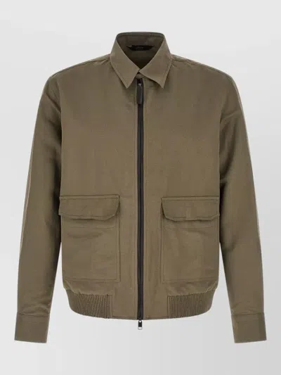 Brioni Linen Cotton Blouson Jacket Buttoned Cuffs In Brown