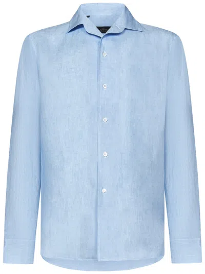 Brioni Linen Long-sleeved Shirt With Capri Collar In Blue
