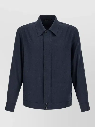 Brioni Linen Wool Jacket Collared Long Sleeves In Blue