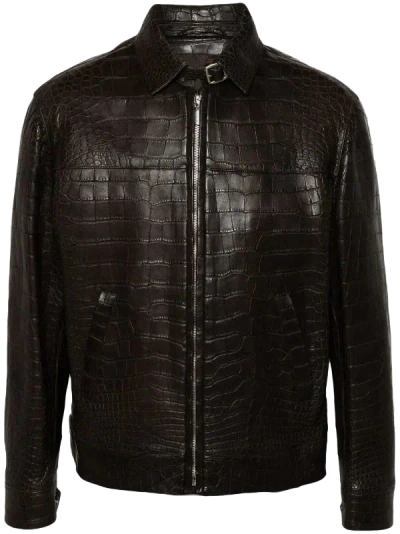 Brioni Lizard-embossed Calf Leather Jacket In Brown