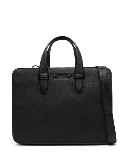 Brioni Logo-embossed Leather Briefcase In Black