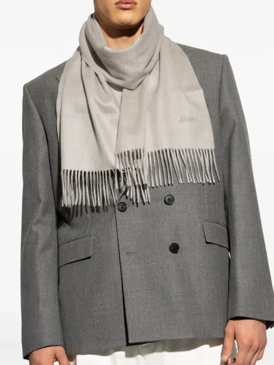 Brioni Logo-embroidered Fringe Scarf In Gray