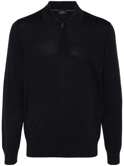 Brioni Logo-plaque Wool Knit Polo Shirt In Blue
