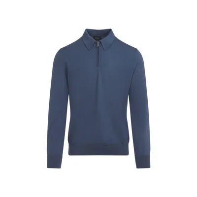 Brioni Long-sleeve Zip Polo In Nile Blue Wool