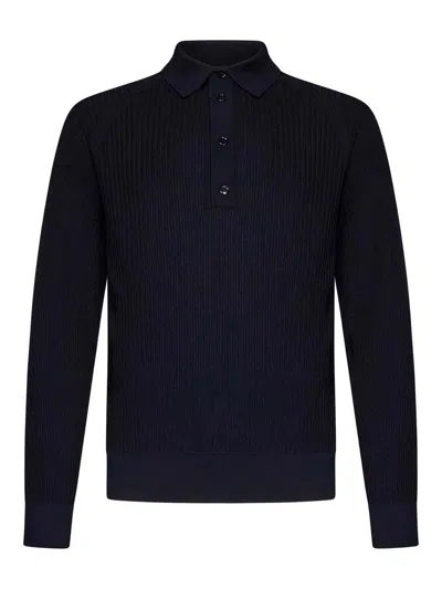 Brioni Long-sleeved Polo Shirt In Navy Blue Wool In Black