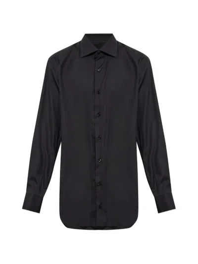 Brioni Long-sleeve Cotton Shirt In Black