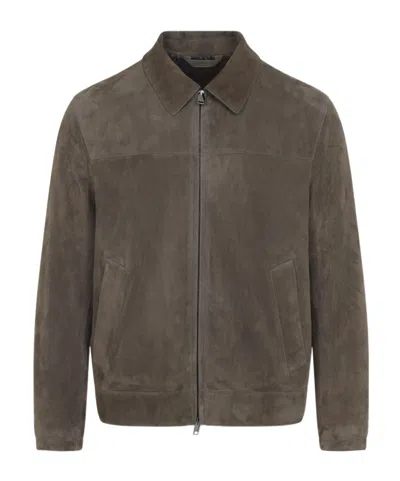 Brioni Long-sleeve Zip-up Leather Jacket In Gray