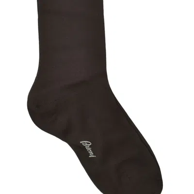 Brioni Men's 100% Cotton Dark Brown Long Socks In Black