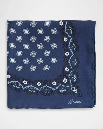 Brioni Men & Apos;s Medallion-print Silk Pocket Square In Blue