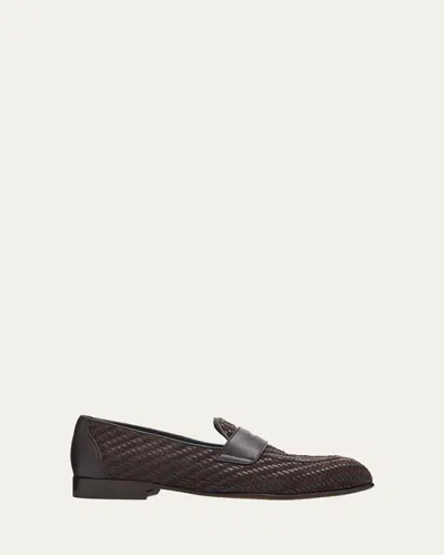 Brioni Appia Leather And Suede Penny Loafers In Brown