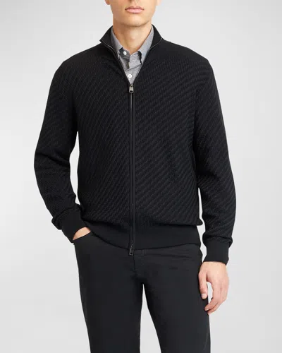 Brioni Men's Basketweave Stitch Full-zip Sweater In Black