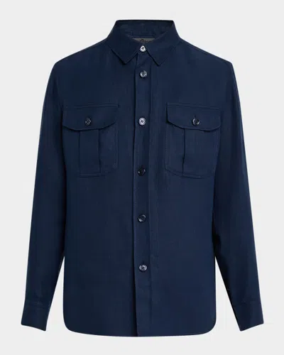 Brioni Men's Canvas Overshirt In Ink Blue