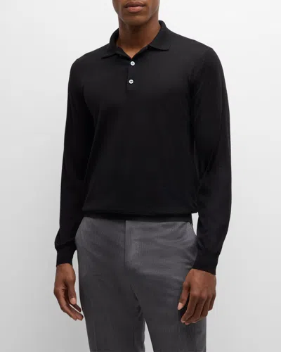 Brioni Men's Cashmere And Silk Long-sleeve Polo Shirt In Black