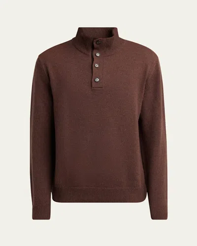 Brioni Men's Cashmere Button Mock-neck Sweater In Brown