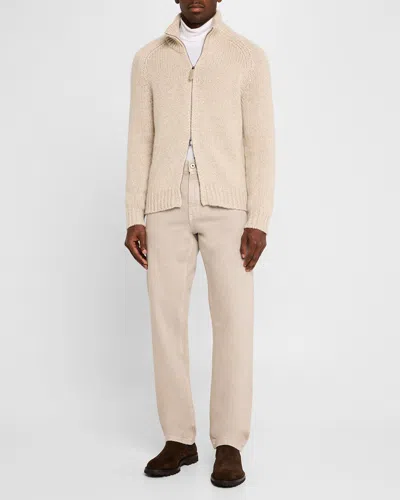 Brioni Men's Cashmere Mouline Zip Sweater In Beige