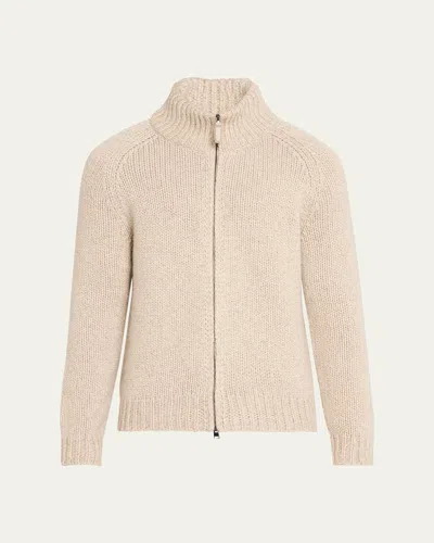 Brioni Men's Cashmere Mouline Zip Sweater In Beige