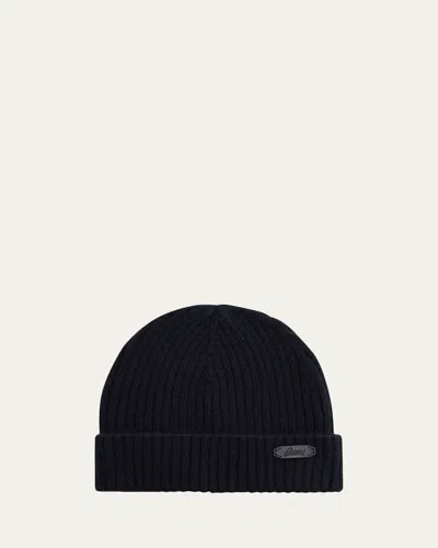 Brioni Men's Cashmere Rib Leather-label Beanie Hat In Blue