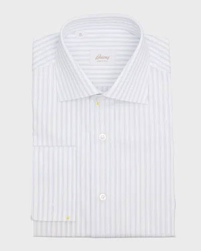 Brioni Men's Cotton Fancy Stripe Dress Shirt In White Blue