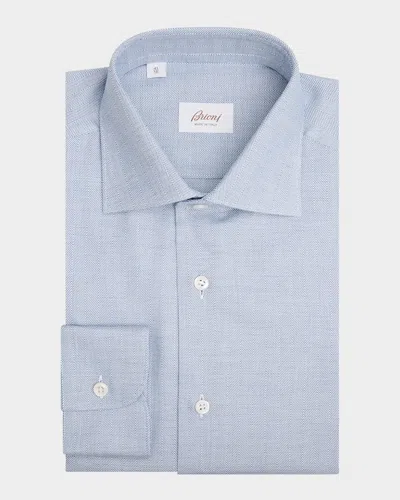 Brioni Men's Cotton Herringbone Dress Shirt In Blue