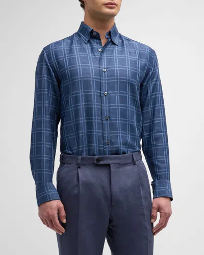 Brioni Men's Cotton-linen Basketweave-print Sport Shirt In Bluettena