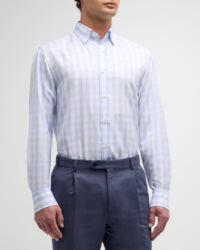 Brioni Men's Cotton-linen Check-print Sport Shirt In Whiteblue