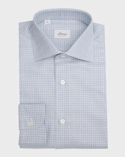 Brioni Men's Cotton Micro-check Dress Shirt In White Blue