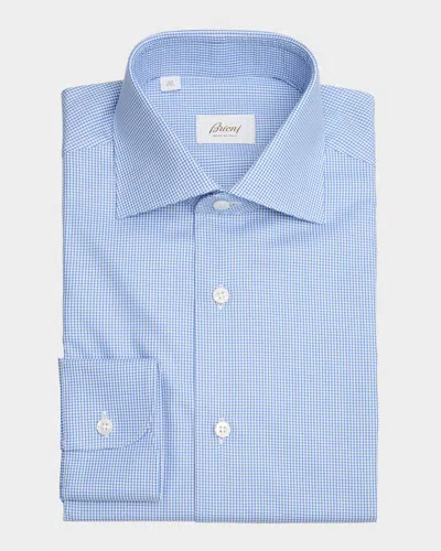 Brioni Men's Cotton Micro-houndstooth Dress Shirt In White/blue