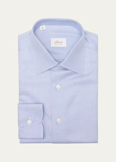 Brioni Men's Cotton Micro-houndstooth Dress Shirt In White/sky