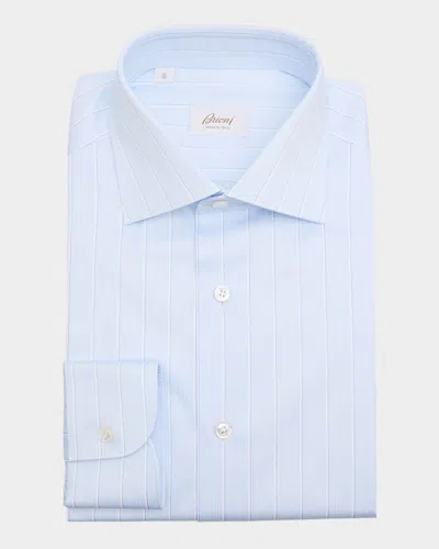 Brioni Men's Cotton Wide Stripe Dress Shirt In White/sky