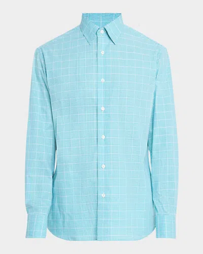 Brioni Men's Cotton Windowpane Check Sport Shirt In Green/white