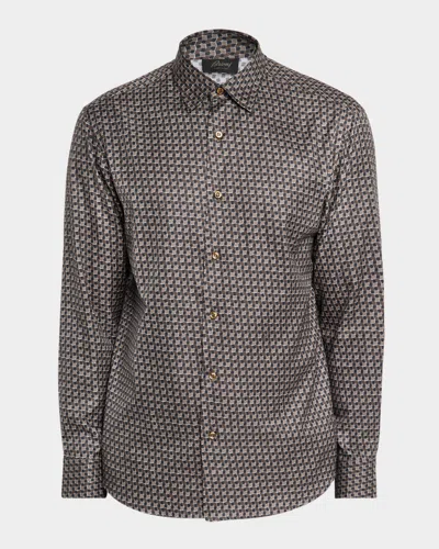 Brioni Men's Geo Print Button Down Shirt In Brown