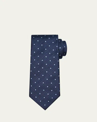 Brioni Men's Herringbone Polka Dot Silk Tie In Blue