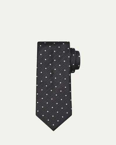 Brioni Men's Herringbone Polka Dot Silk Tie In Black