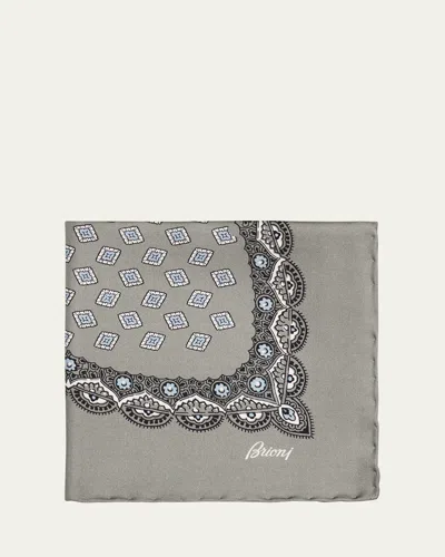 Brioni Men's Large Medallion Silk Pocket Square In Gray