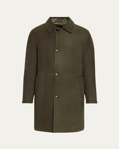 Brioni Men's Leather Overcoat In Olive Green