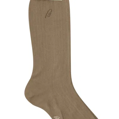 Brioni Men's Light Brown 100% Cotton Ribbed Knit Logo Socks In Neutral