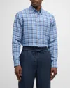 Brioni Men's Linen Plaid Casual Button-down Shirt In Bluette