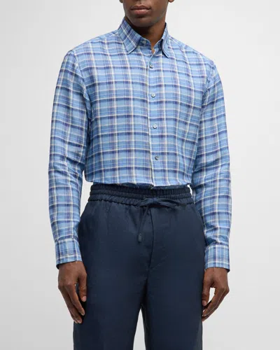 BRIONI MEN'S LINEN PLAID CASUAL BUTTON-DOWN SHIRT