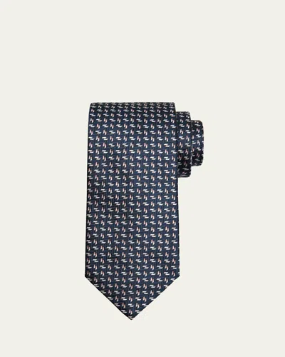 Brioni Men's Micro-herringbone Silk Tie In Blue