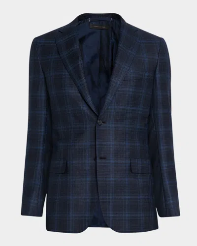Brioni Men's Plaid Single-breasted Blazer Jacket In Blue