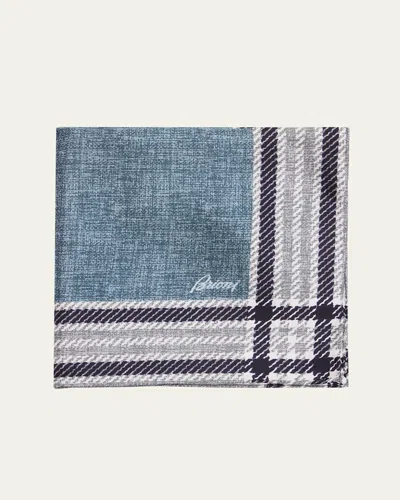 Brioni Men's Silk Check-trim Pocket Square In Blue