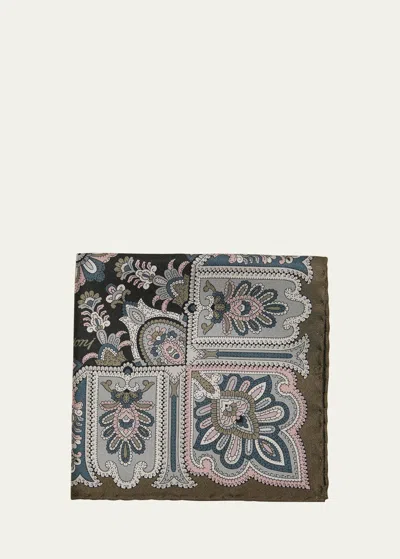 Brioni Men's Silk Floral-paisley Pocket Square In Gray