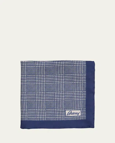 Brioni Men's Silk Prince Of Wales Check Pocket Square In Whitenavy