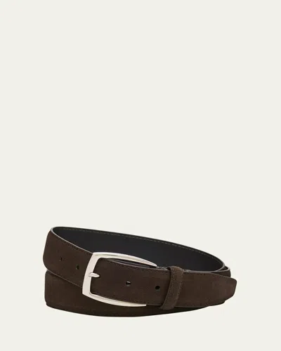 Brioni Men's Square-buckle Suede Belt In Brown