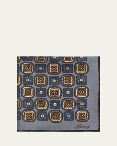 Brioni Men's Square Medallion Silk Pocket Square In Gray