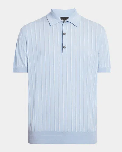 Brioni Men's Stripe Short-sleeve Polo Sweater In Lt Blue Wh